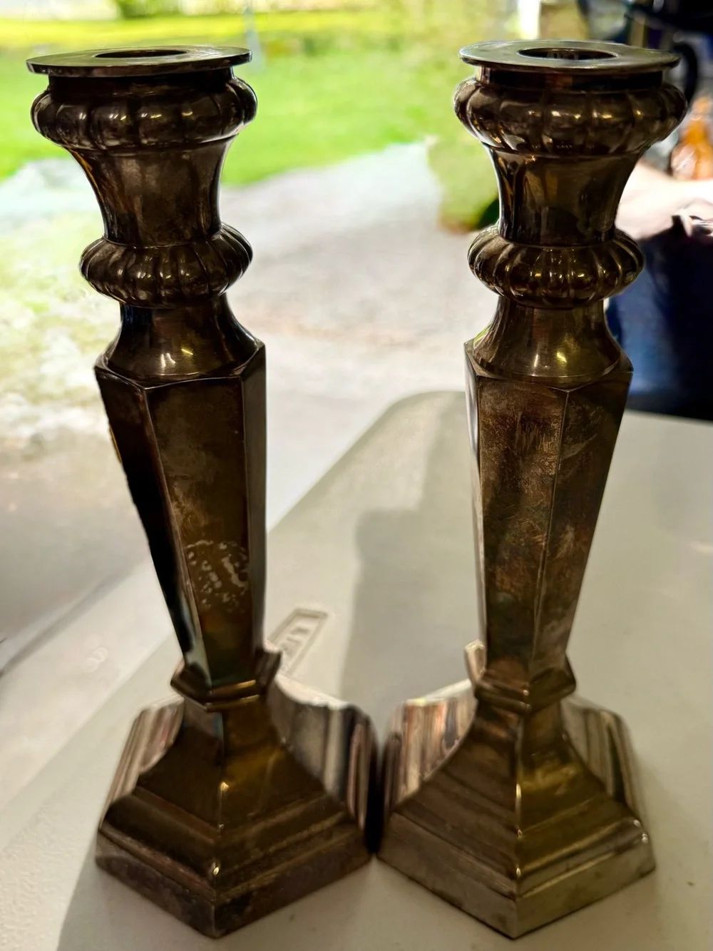 Vintage Pottery Barn Silver Plated Hexagonal Candlestick Holders, 9.5”